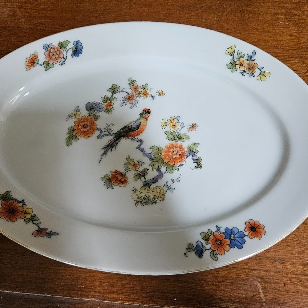 vintage bird of paradise oval platter with flowers and bird 10x8
